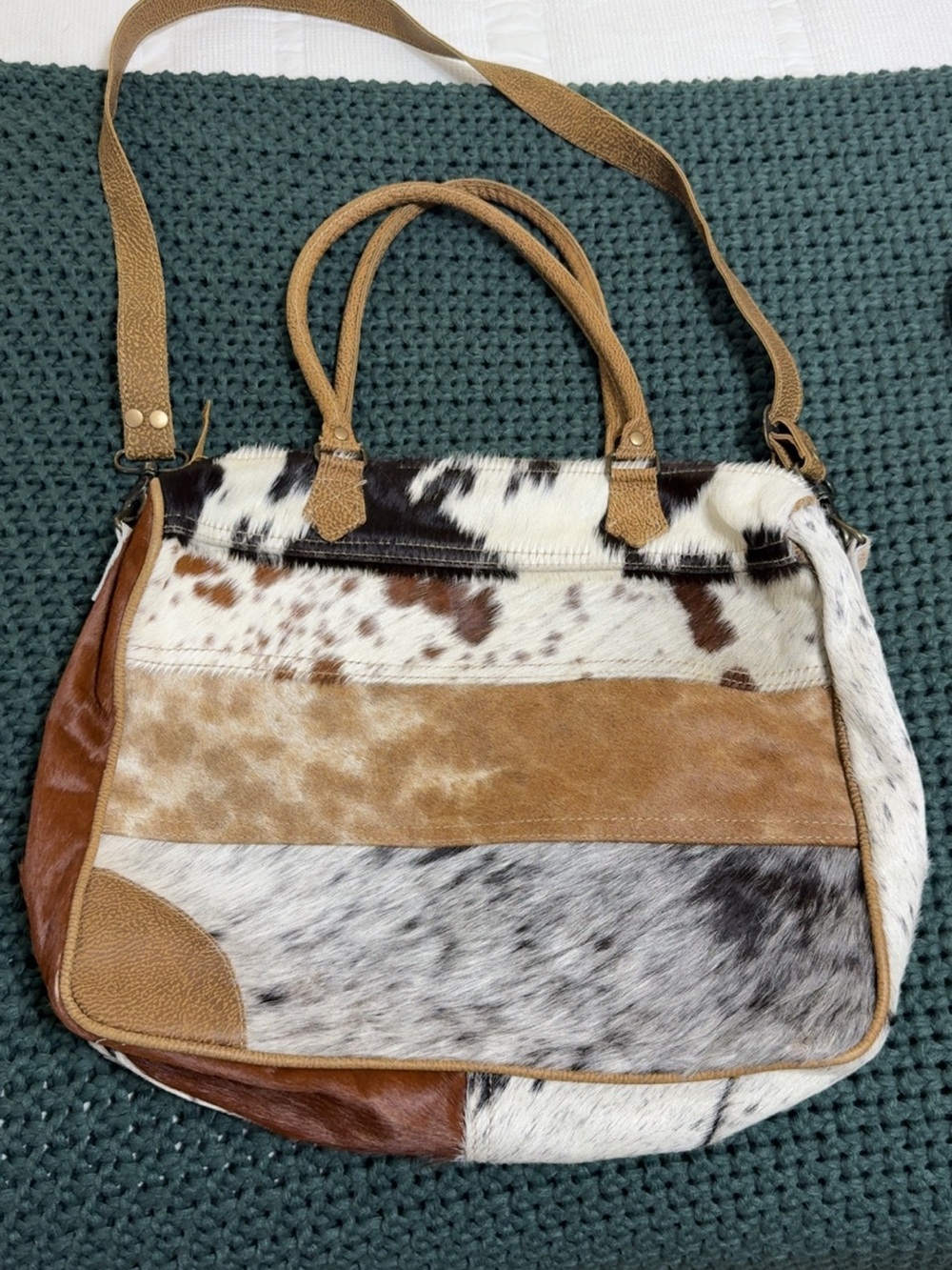 Patchwork Cowhide Leather Tote Bag in Brown & White - Handbag